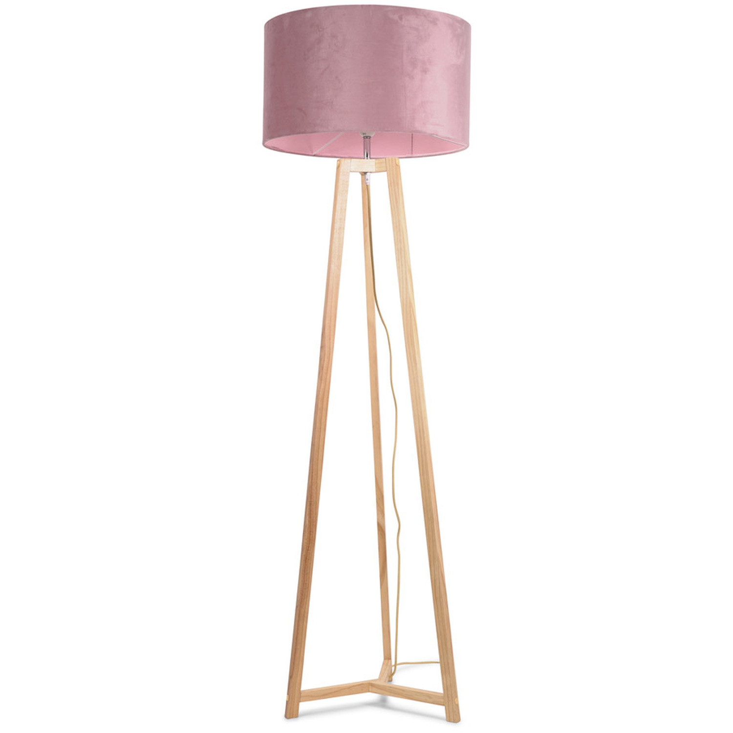 Lottie Natural Wood Floor Lamp Velvet Shade and LED Bulb - Pink