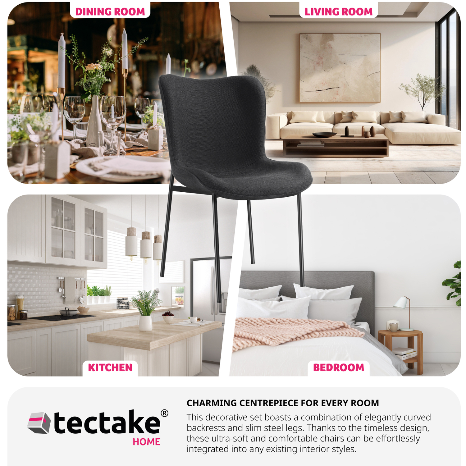 Dining Chair Tessa - Ergonomic High Backrest - Woven Fabric Black Black 2