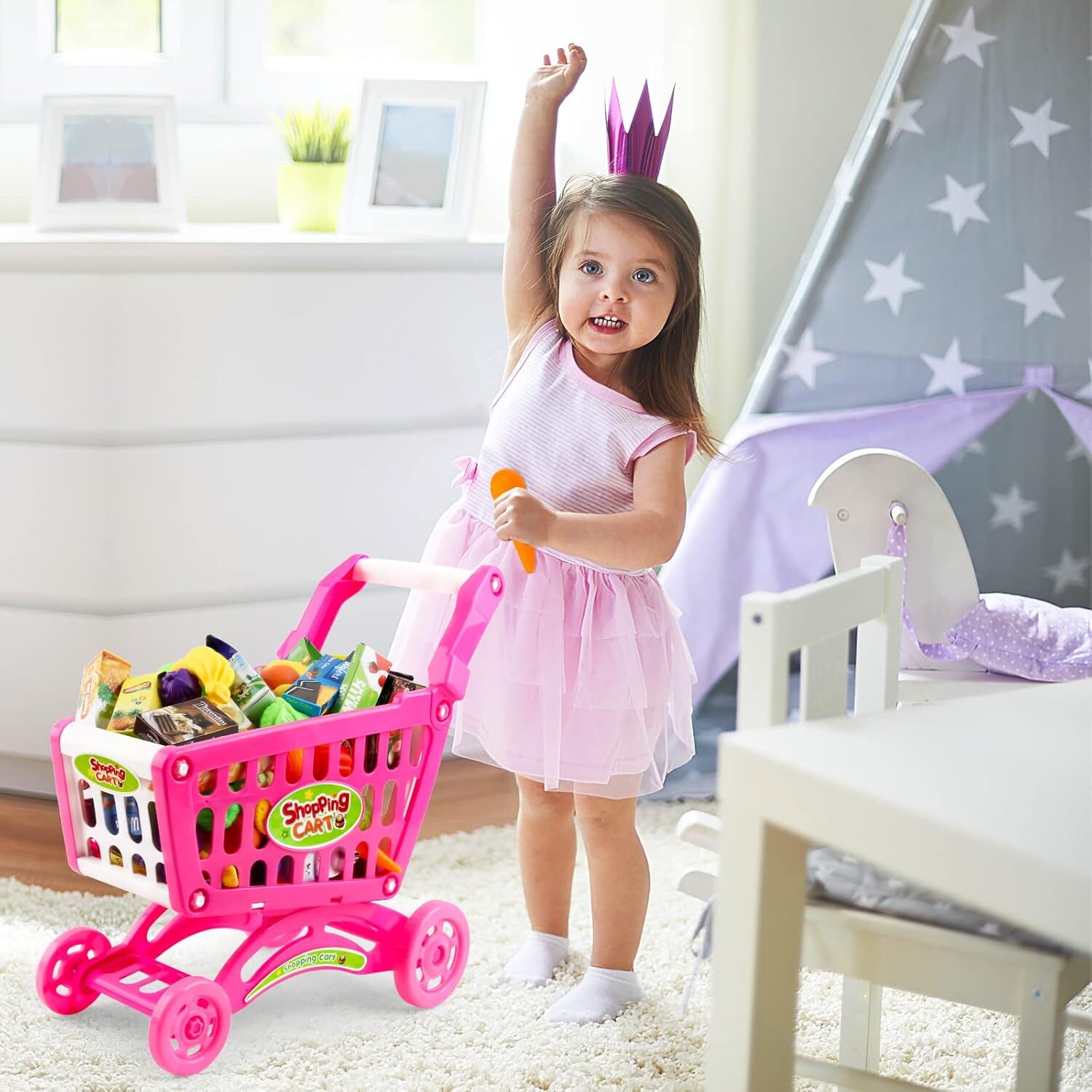 Shopping Trolley Cart Toy Pretend Play Food Accessories Grocery Cart for Kids