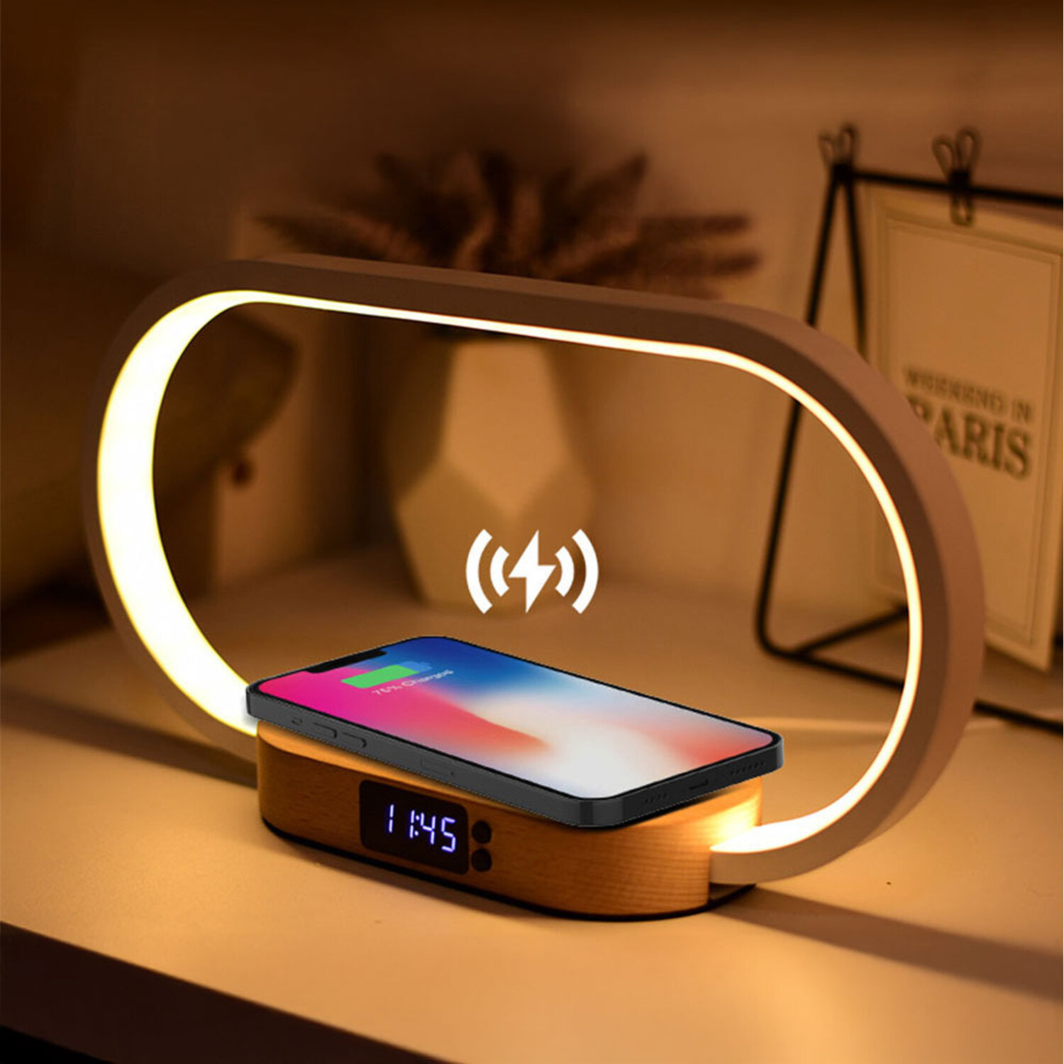 LED Table Lamp with Wireless Charger and Three-Colour Dimmable Light - White+Wood Color