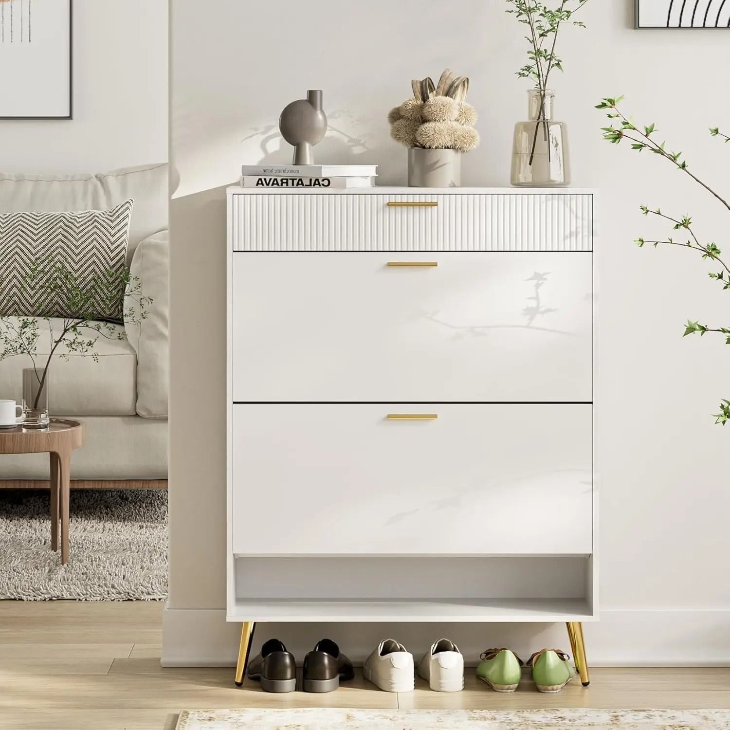 Shoe Cabinet Storage With 2 Flip Drawers White - White