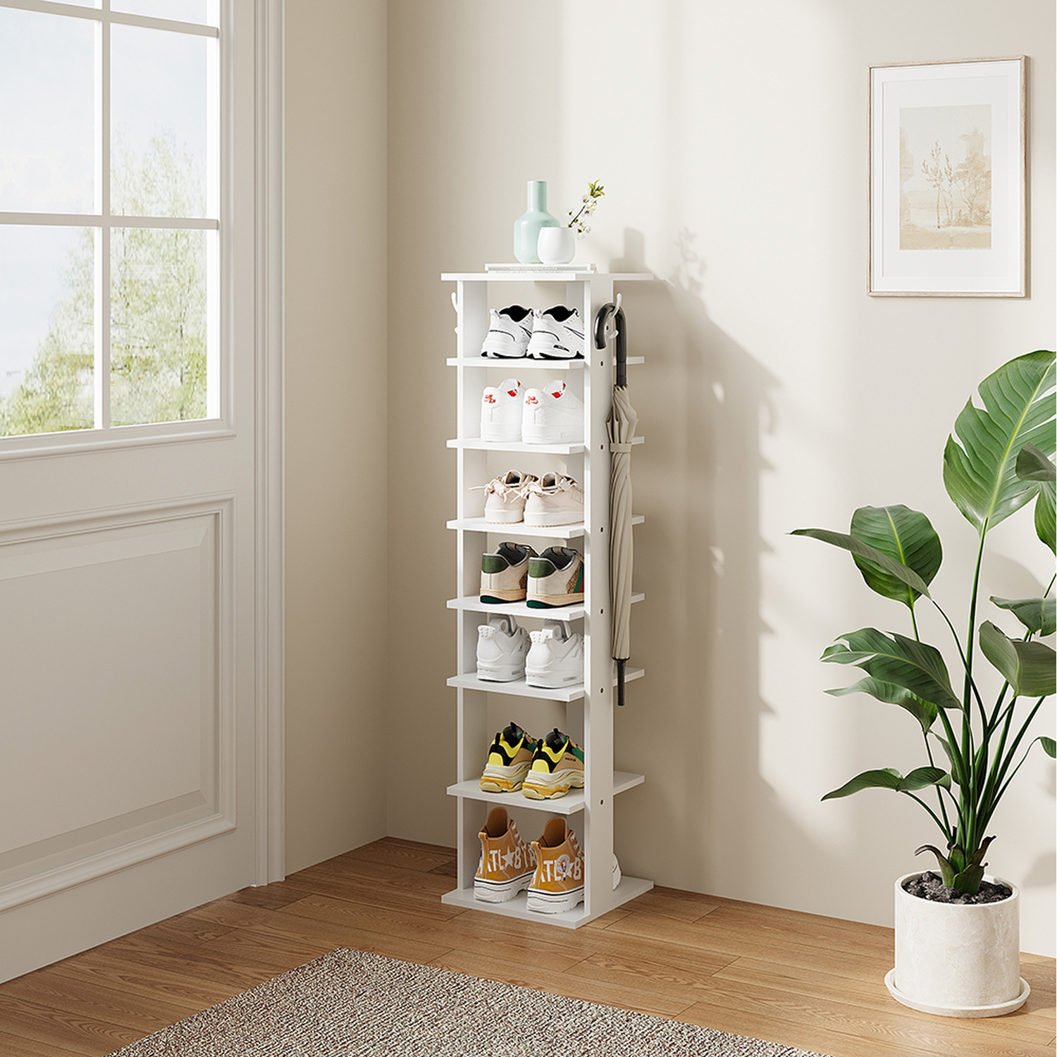 Side Way Shoe Rack Multi-Tier Vertical Shoe Rack with Side Hooks