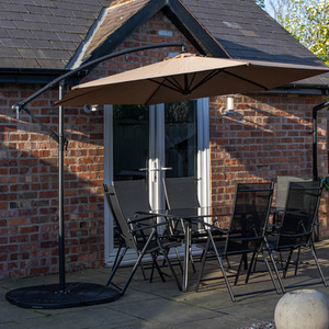 6 Seater Glass Table Chairs With Beige Banana Parasol and Base