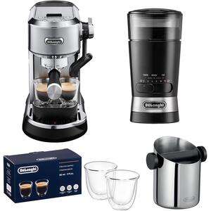 De'Longhi Dedica Maestro Plus Coffee Machine, Knock Box, Grinder  Latte Glasses