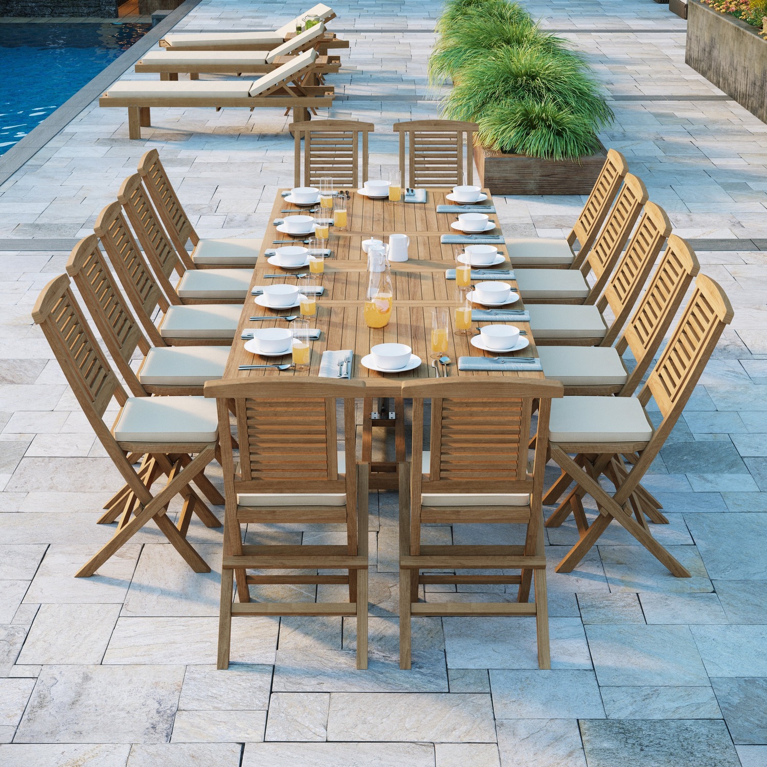 Helsinki Teak Garden Dining Table And 14 Seat Chair Set - Teak Table 14 Chairs Cream Cushions