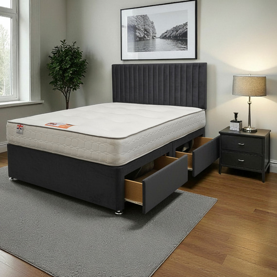Emily Aubergine Plush 4FT6 Bed Set With Mattress, 2 Drawers Same Side & 24