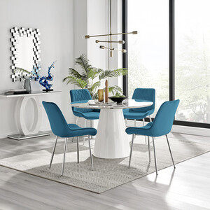 Palma White Marble Effect Round Dining Table  Pesaro Silver Chairs
