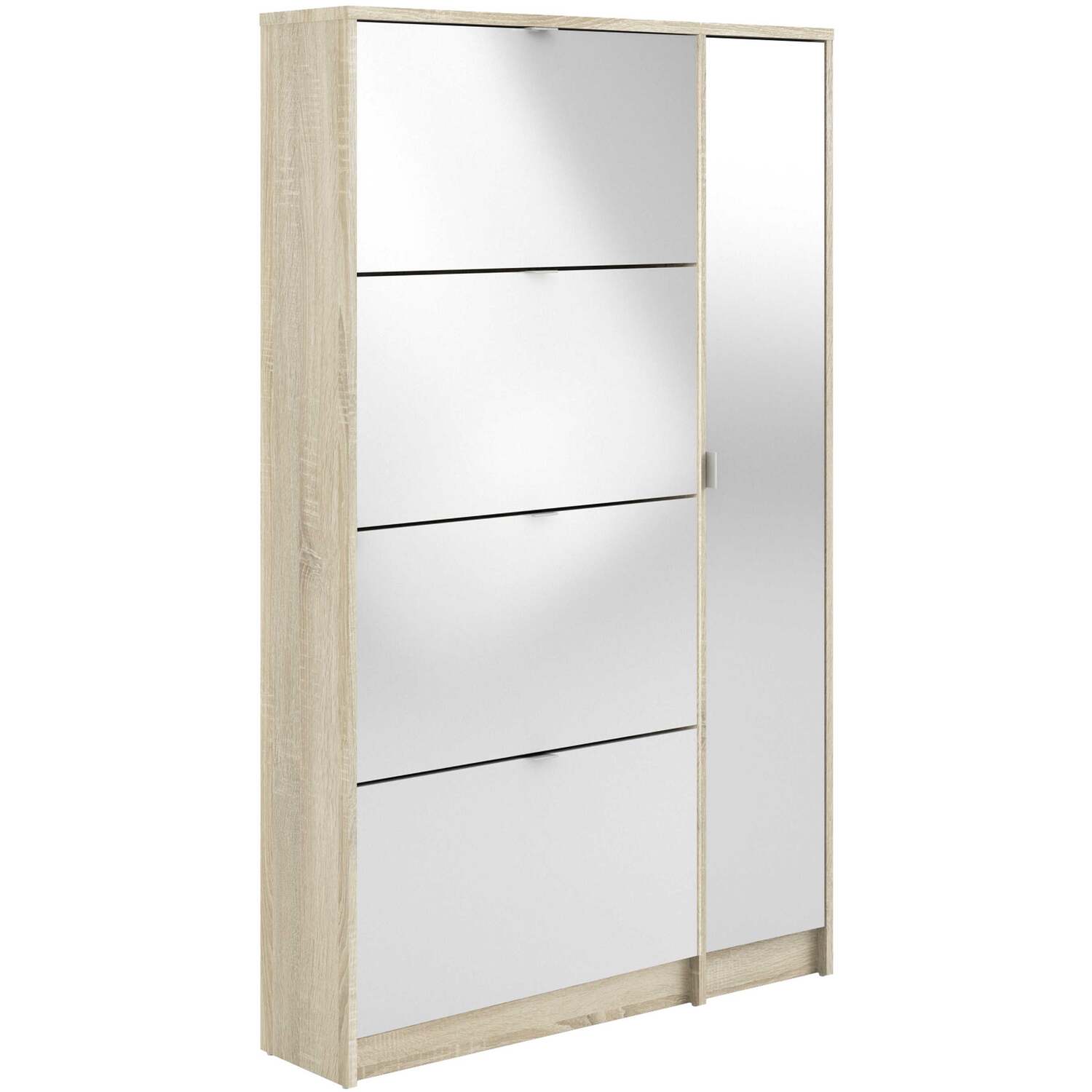 Prague Oak-effect Shoe Cabinet With Mirror And 4 Flip-down Compartments - White