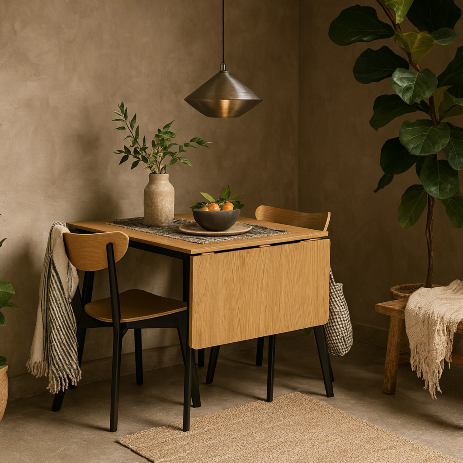 Krakow 3-Piece Extendable Dining Set - Natural Oak Effect Table with 2 Black and Oak Chairs - Black and Natural