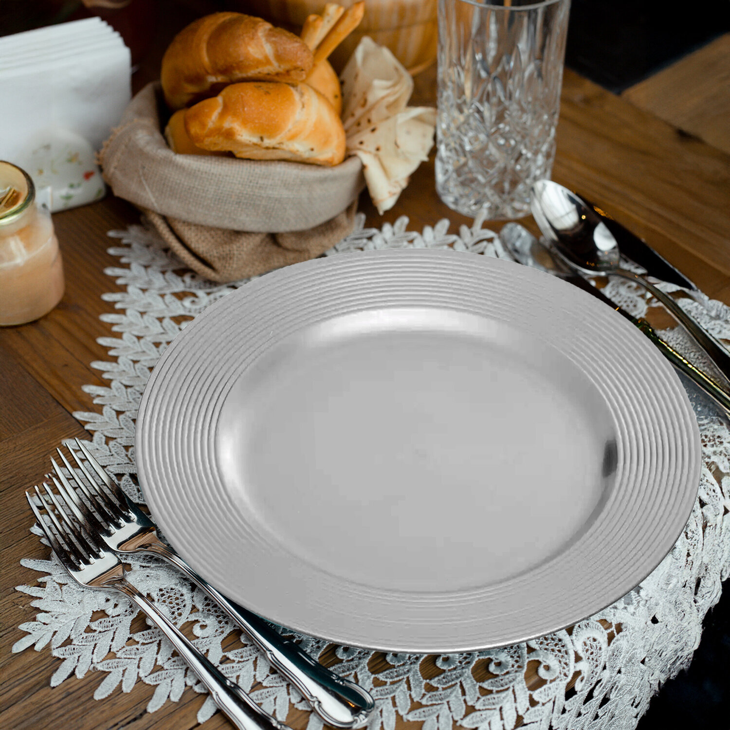 Dia Silver Charger Plate With Ribbed Rim - Silver