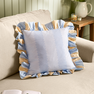 Birdie Stripe Ruffle Cushion - Lemon/Sky