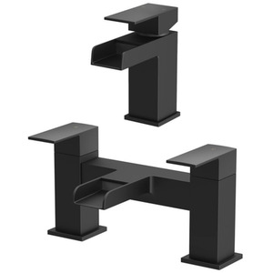 Modern Bathroom Black Waterfall Basin Bath Mixer Tap Set Square Hot and Cold