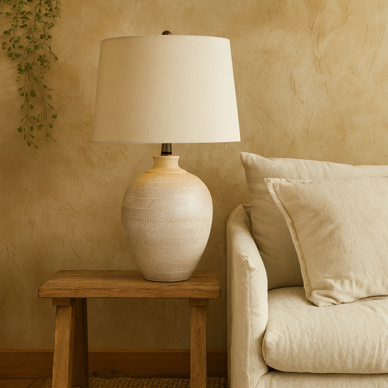 Provence Chevron Ceramic Table Lamp with Linen Shade - White