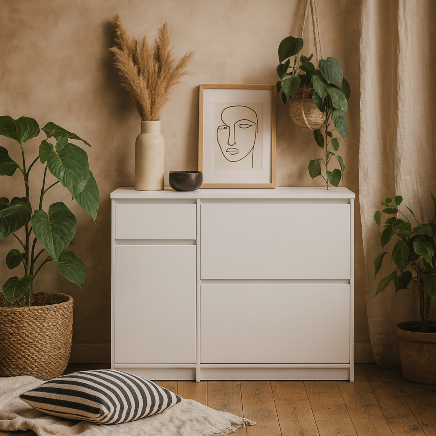 Budapest Gloss Shoe Cabinet 3 Flip Down Doors 1 Drawer - White