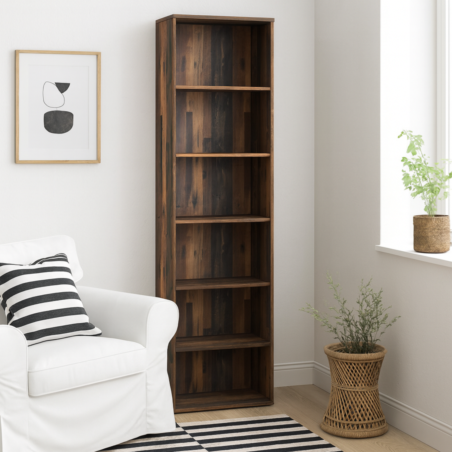 Bucharest Narrow 5 Shelf Vintage Bookcase - Brown