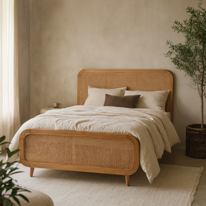 Trapani King Size Rattan Bed Solid Mango Wood with Woven Headboard