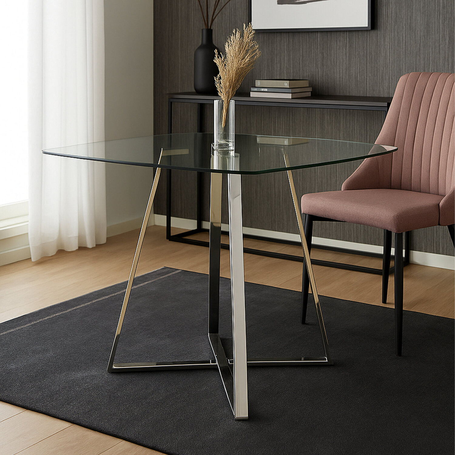 Metropolitan Square Glass Dining Table with Silver Finish Legs - Silver