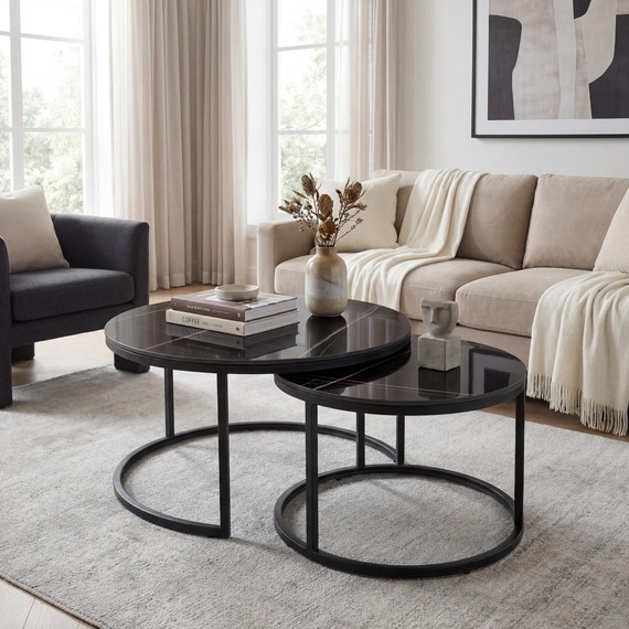 Lucca Black Ceramic Nest of 2 Coffee Tables