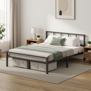 Metal Platform Bed Frame, Double Bed with Headboard and Slats