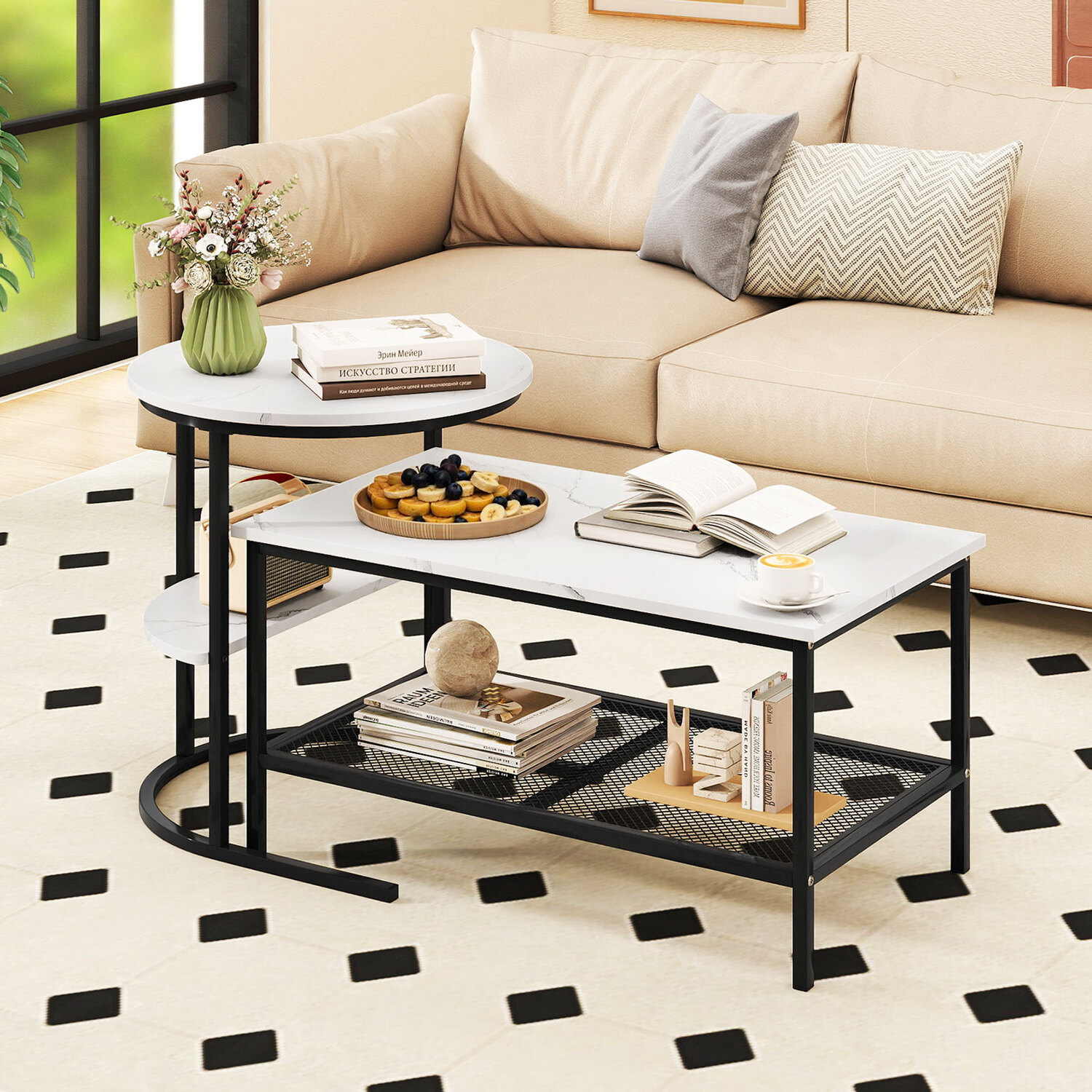 Nesting Faux Marble Coffee Table - White