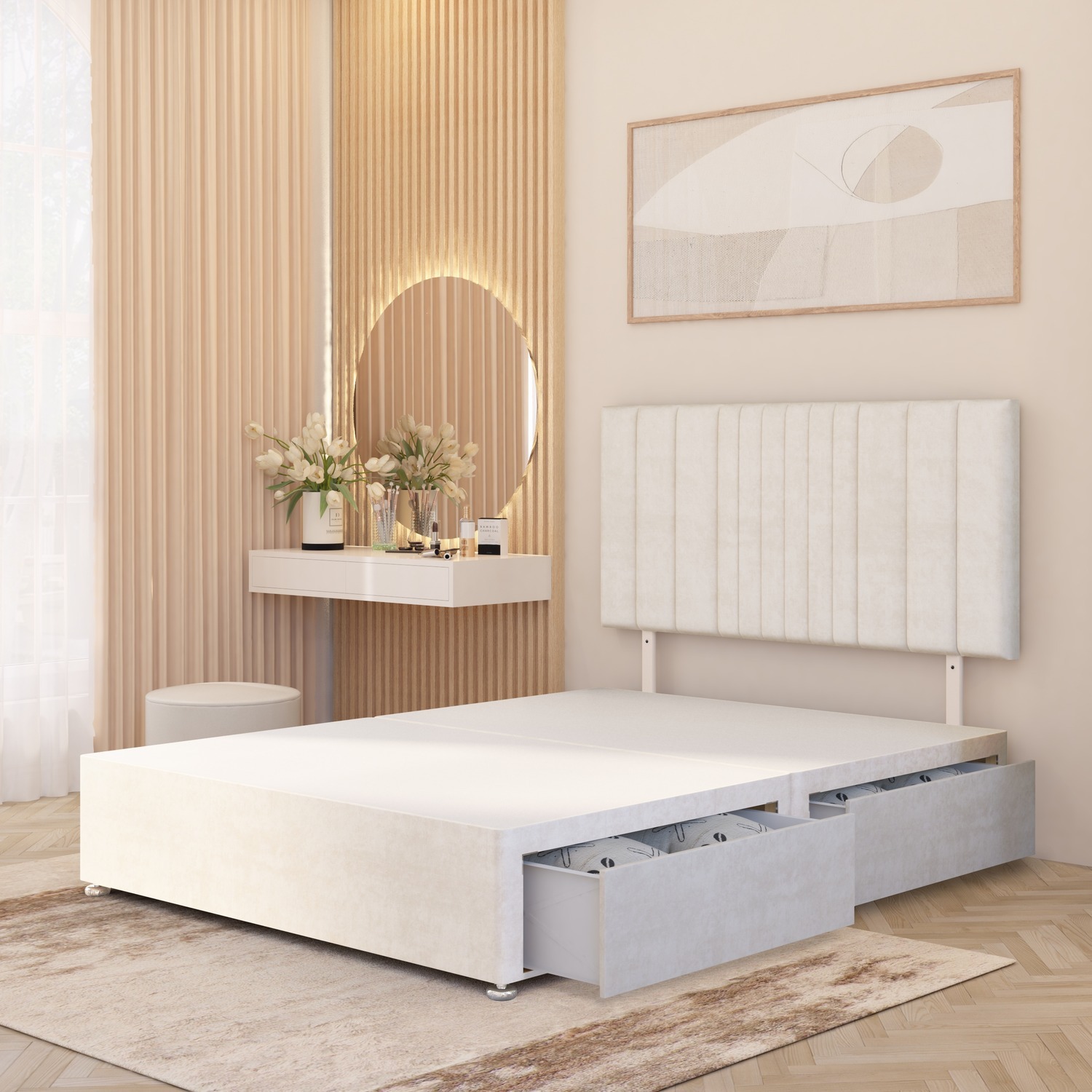 Arizona Plush Velvet Divan Bed Base With Drawers And 32 Headboard - Ivory Small Double 45kg