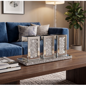 3x Crushed Crystal Jar with Mirrored Tray 32x13x7.8Cm