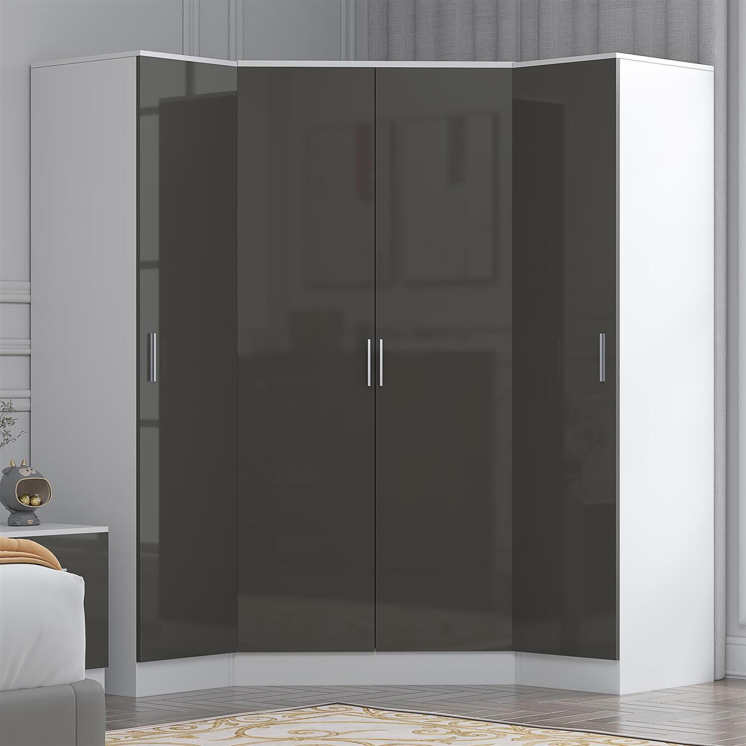 Reflect Wardrobe Bundle - 2 Door Corner + 2X 1 Door - Grey Gloss / White - Grey Gloss / Matt White