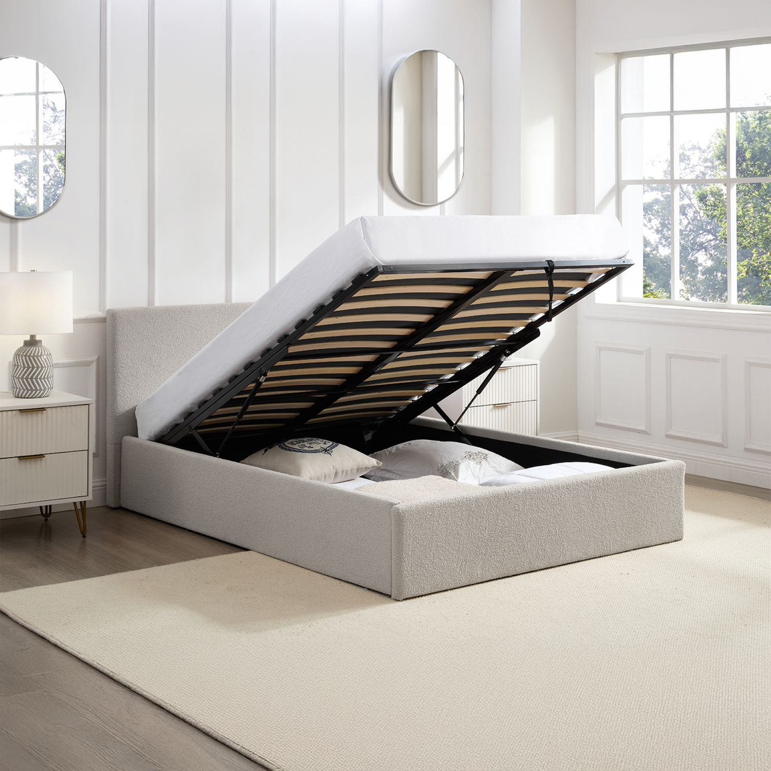 Teddy Boucle 4Ft Small Double Ottoman Gas Lift Storage Bed Boucle Beige Frame - Boucle Beige