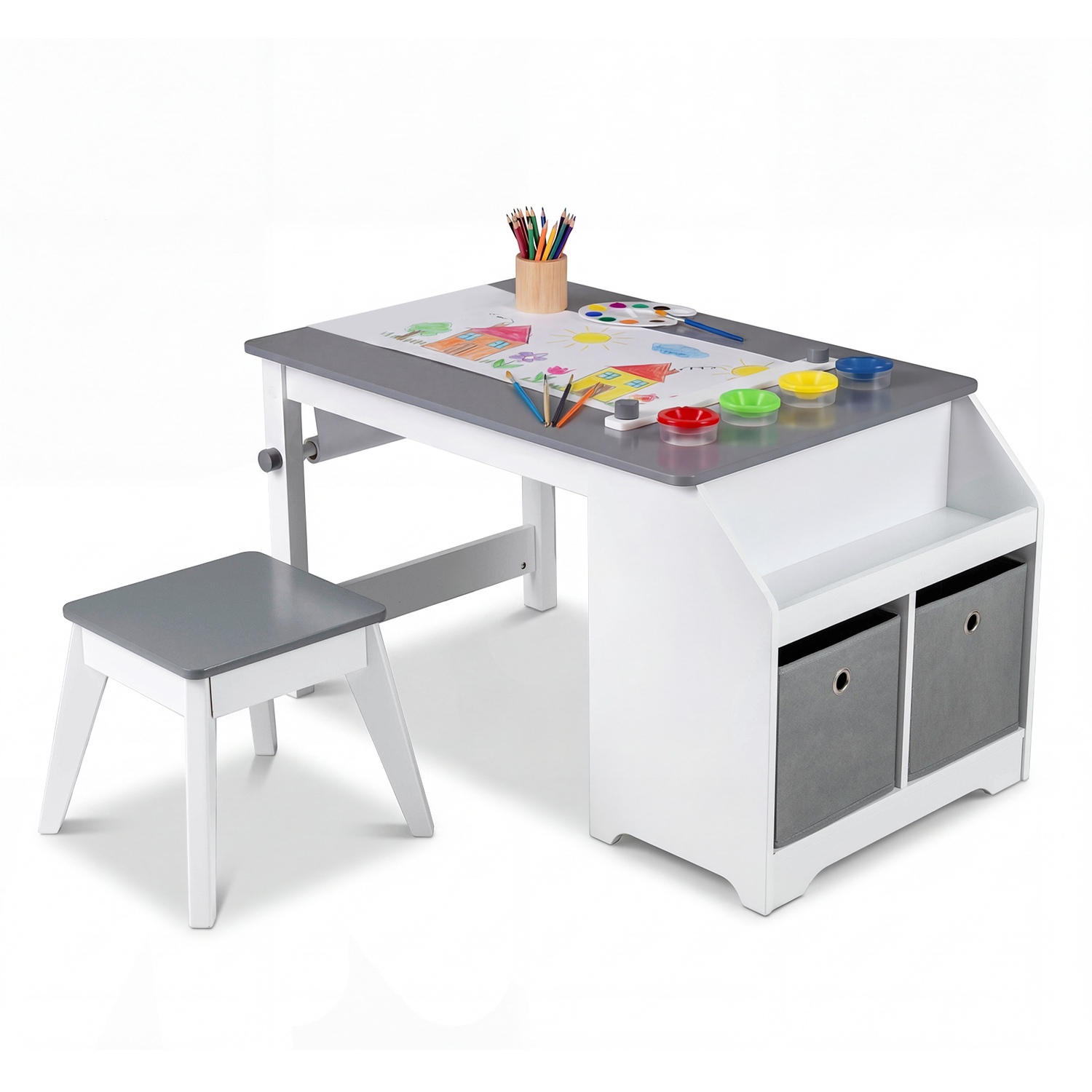 Costway Kids Art Table And Stool Set - Grey