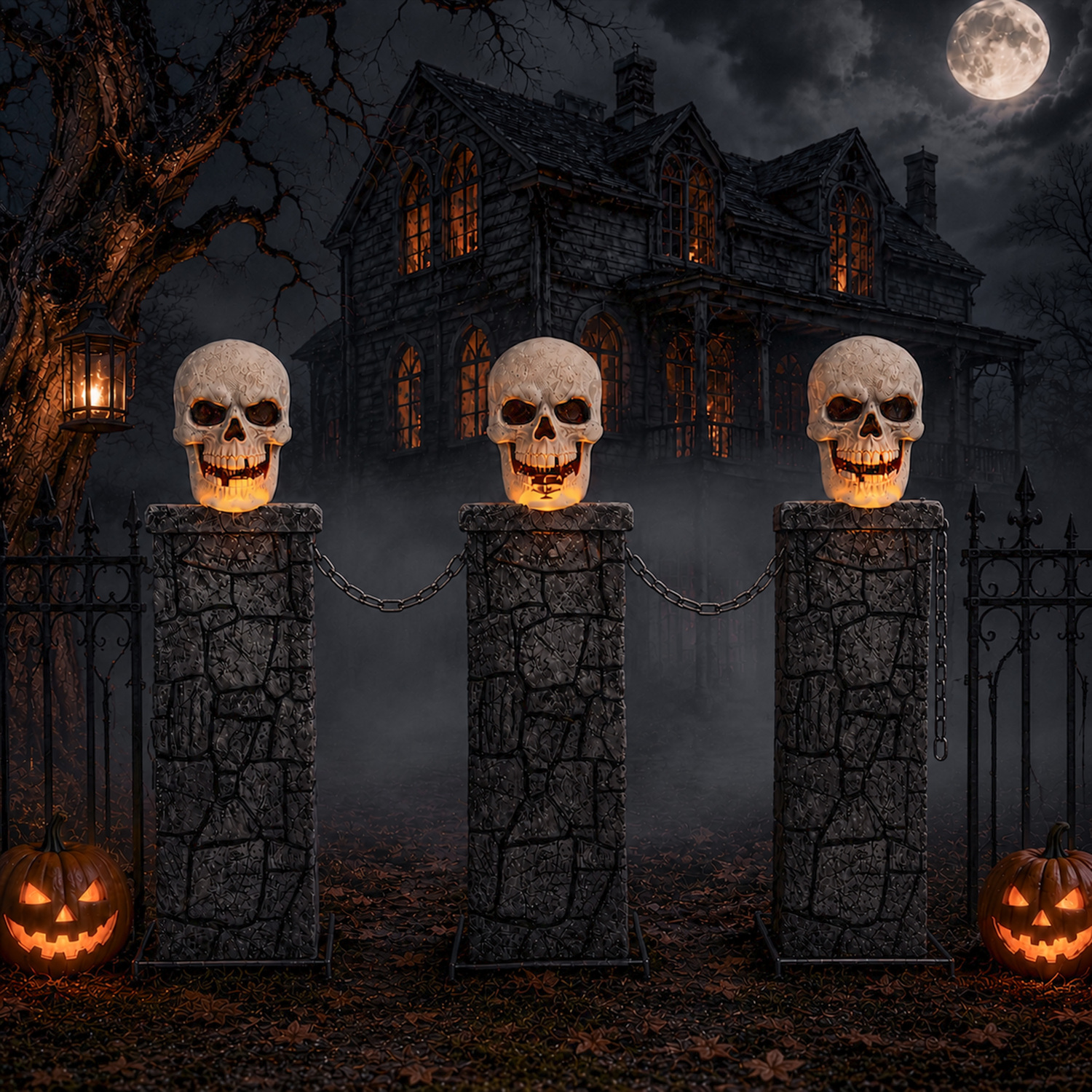 Light 90Cm X 1.2M Battery Powered Up Halloween Skull Fence With Leds - Image 2