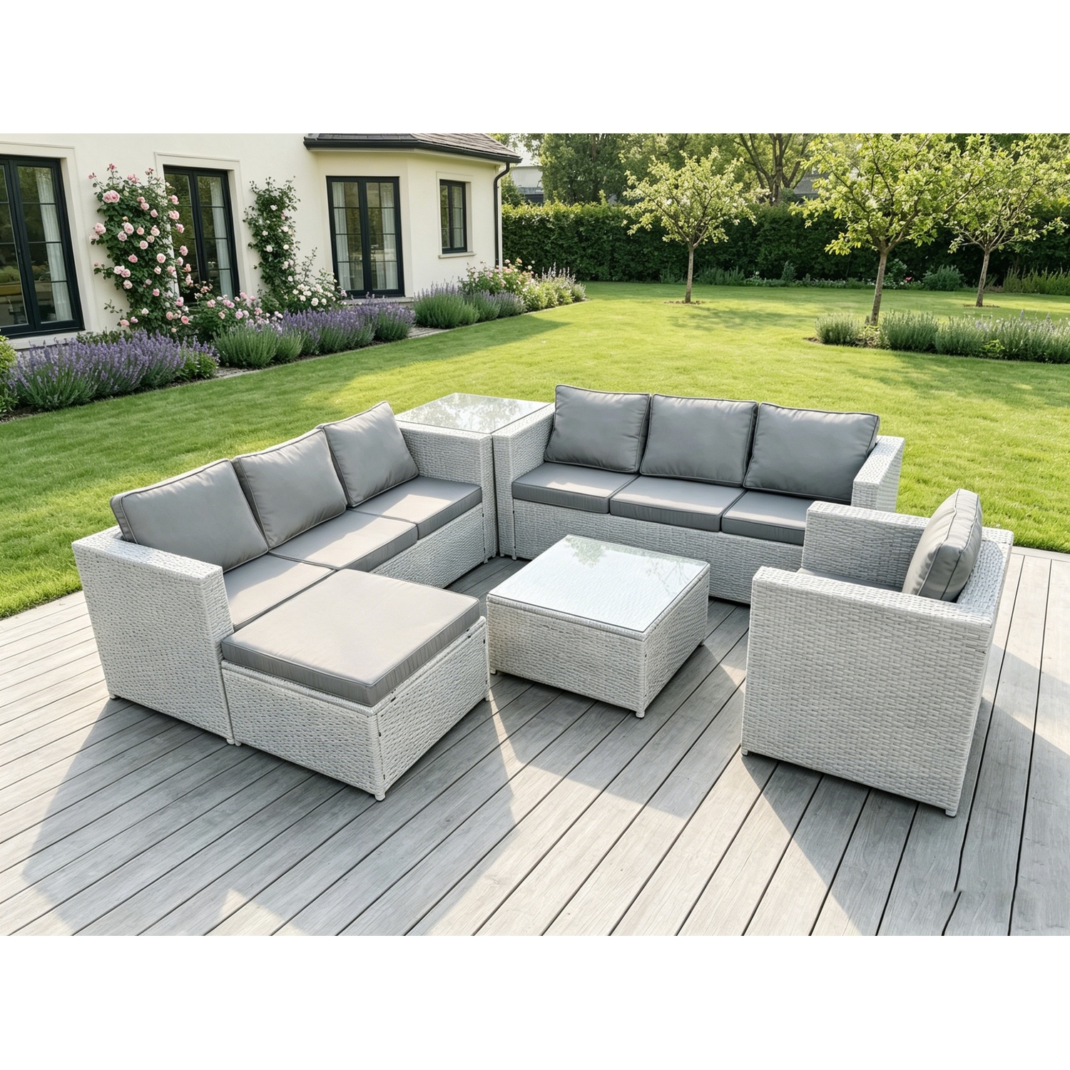 Fimous Light/Grey Outdoor Rattan Garden Furniture Set Corner Sofa Set 2 Coffee Table Big Footstool Armchair - Image 2