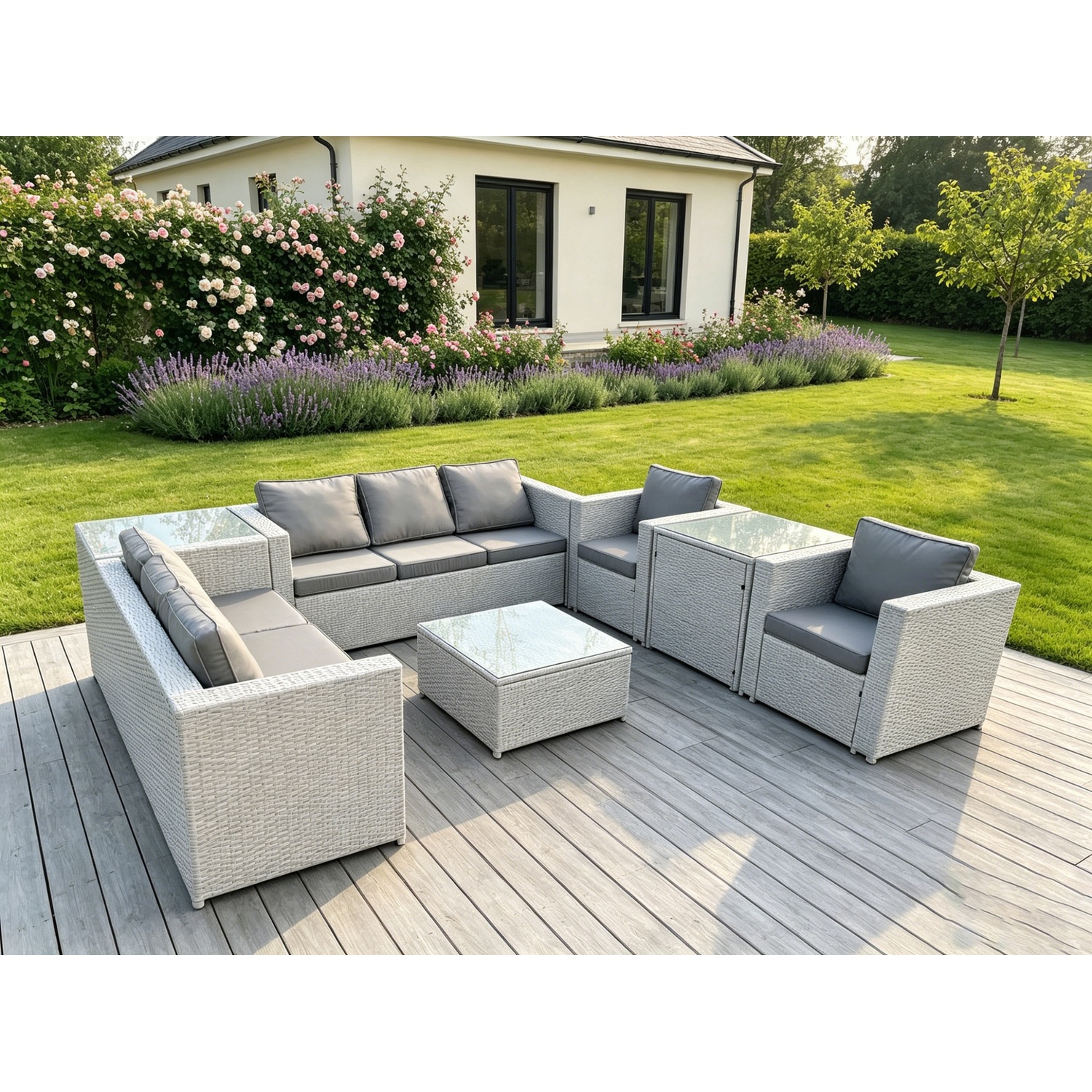 Fimous Light/Grey Outdoor Pe Rattan Garden Furniture Set Wicker Sofa Set Square Coffee Table 2 Armchair Side Table - Image 2