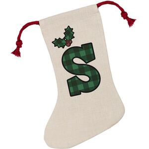 Green Tartan Alphabet Letter S Stocking - Novelty Xmas Gift - Linen-Style With Red Drawstring Ties