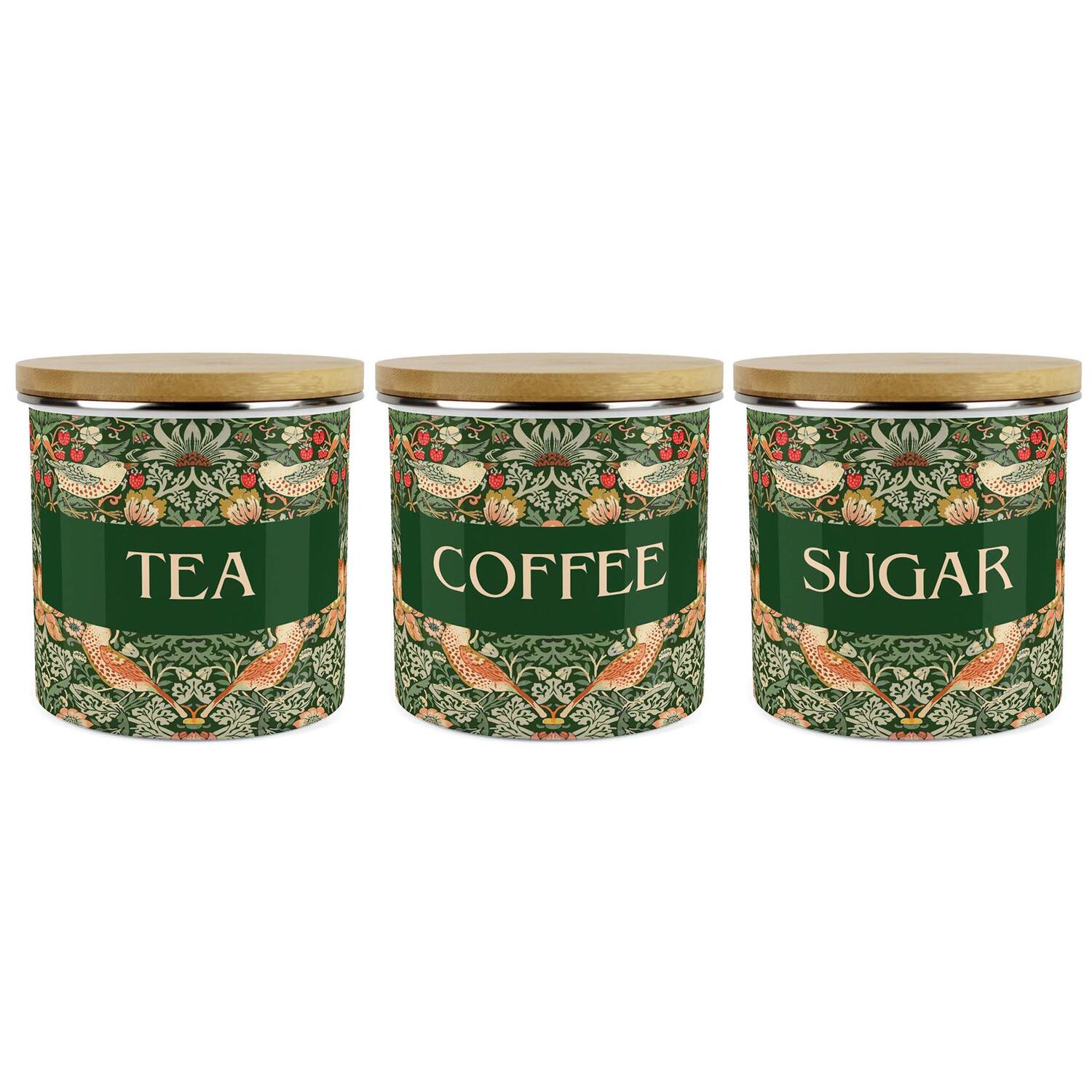 B&Q - Green Strawberry Thief TeaCoffee & Sugar Storage Canisters Set Of 3Morris Inspired Floral Tapestry1.2L Enamel Containers - Image 4