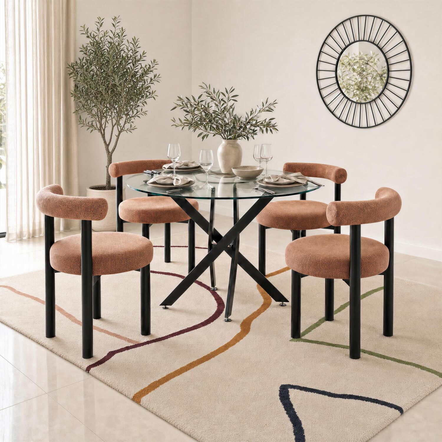 Furniturebox Uk Novara Glass Black Leg Round Dining Table 4 Isola Chairs - Terracotta