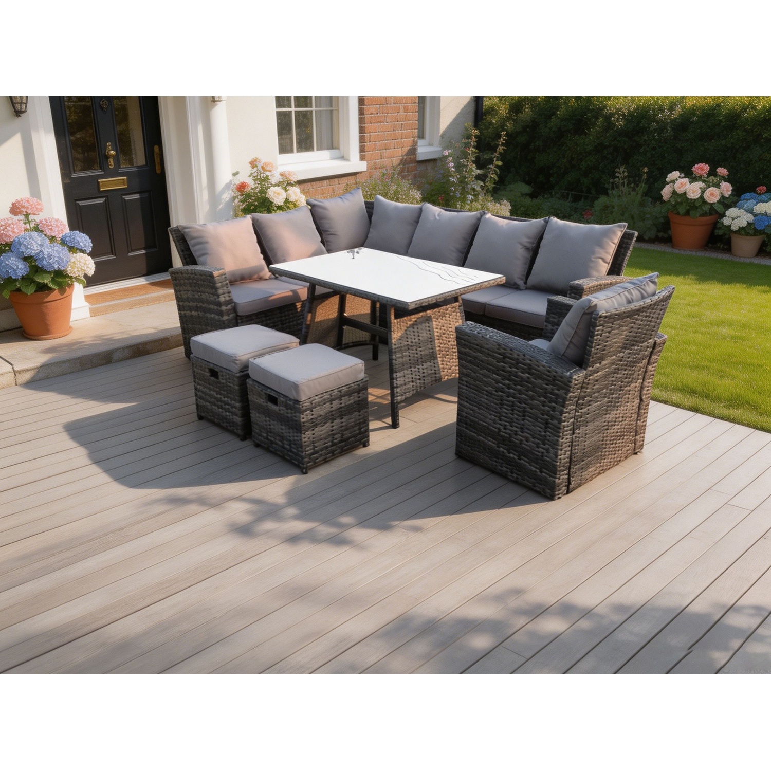 Fimous High Back Rattan Corner Sofa Set - Dark Grey Mixed