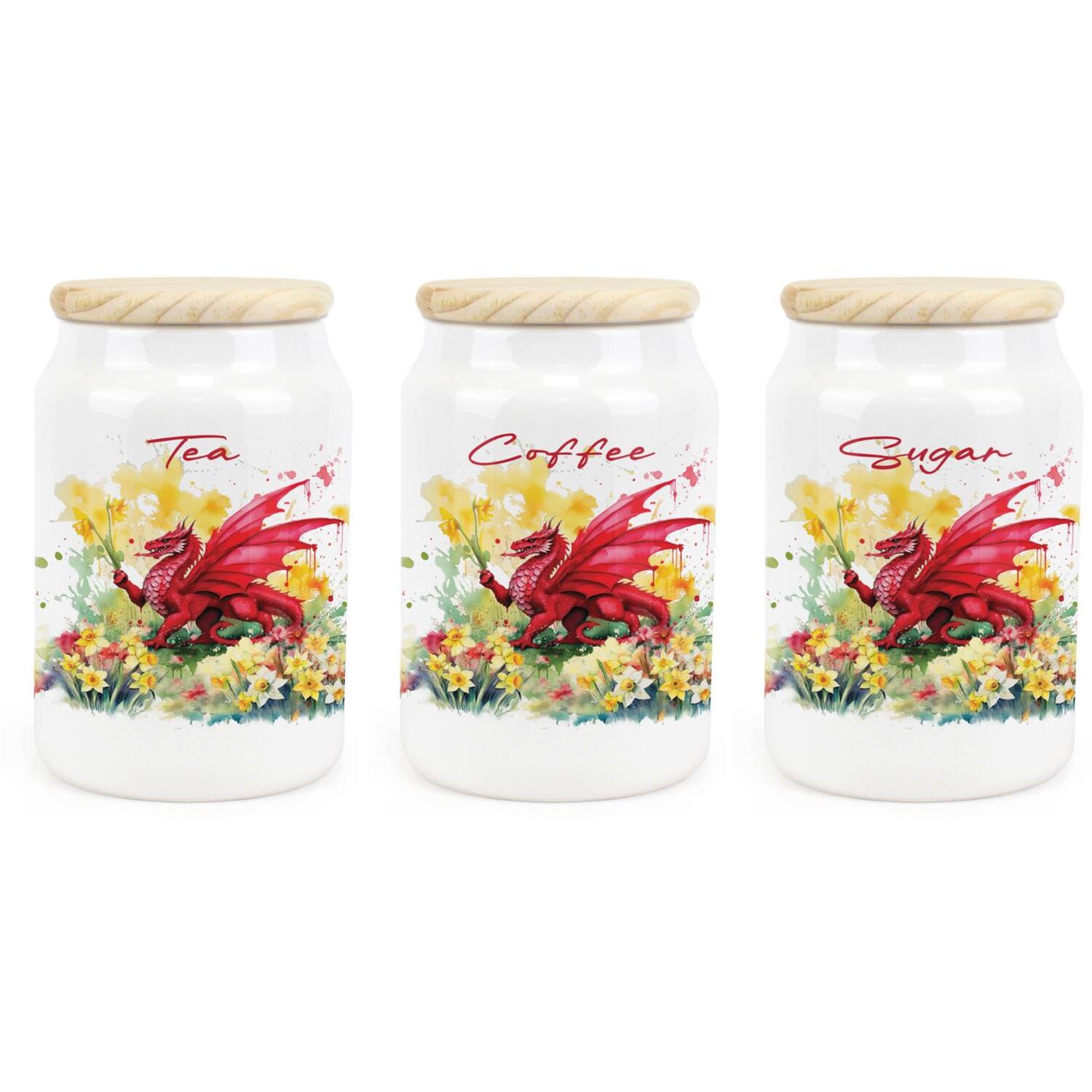 Ceramic Floral Welsh Dragon Tea, Coffee & Sugar Canisters - Kitchen Containers - Image 2