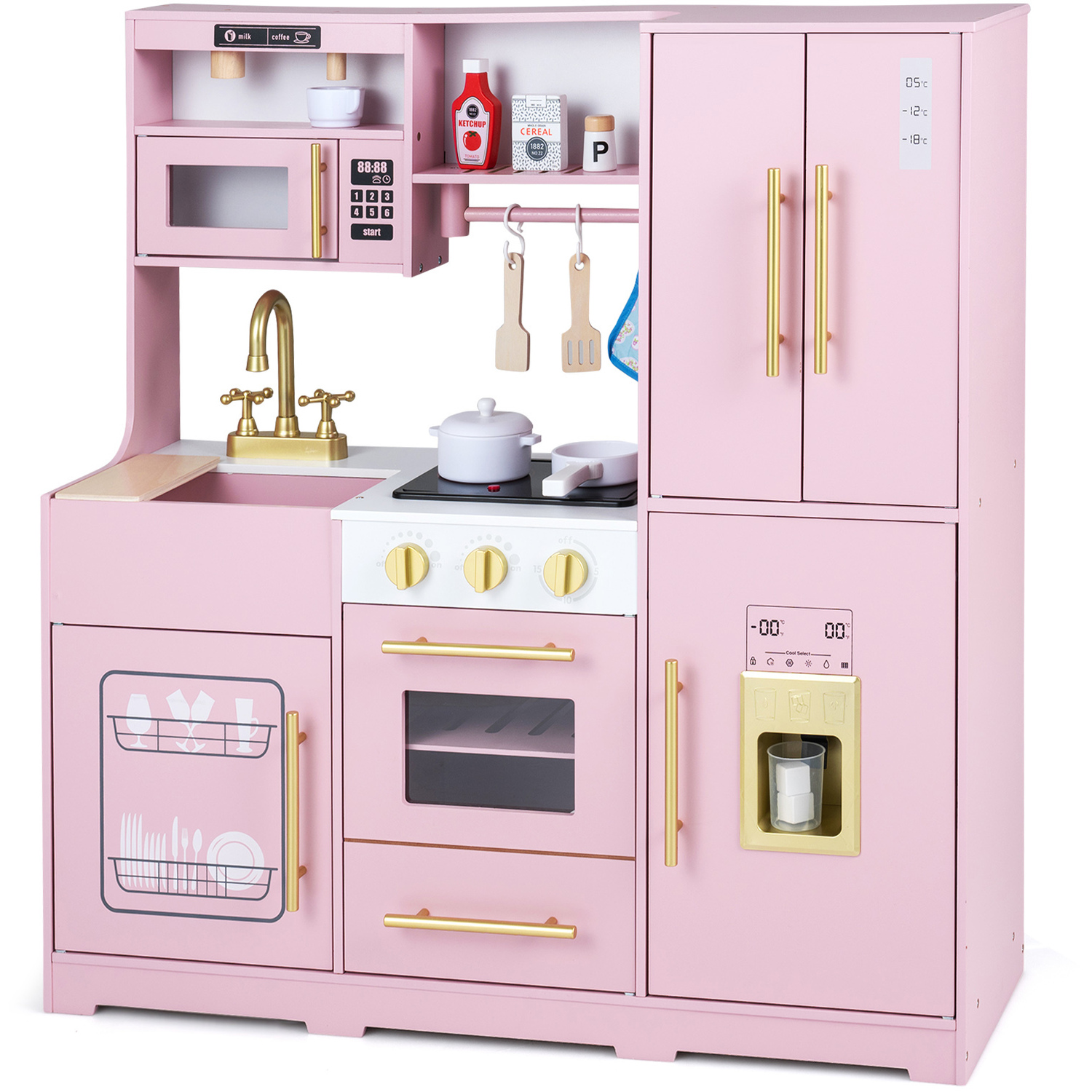 Costway Wooden Toddler Pretend Play Toy Play Kitchen W Realistic Lights And Sounds-Pink - Pink