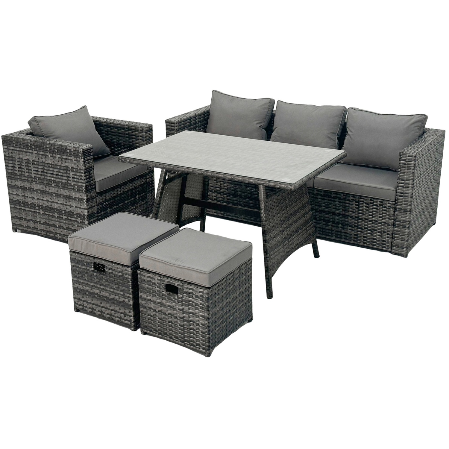 Rackhams Dark/Grey 6 Seater Rattan Sofa Set Dining Table Chair Stool Garden Furniture Outdoor - Image 2