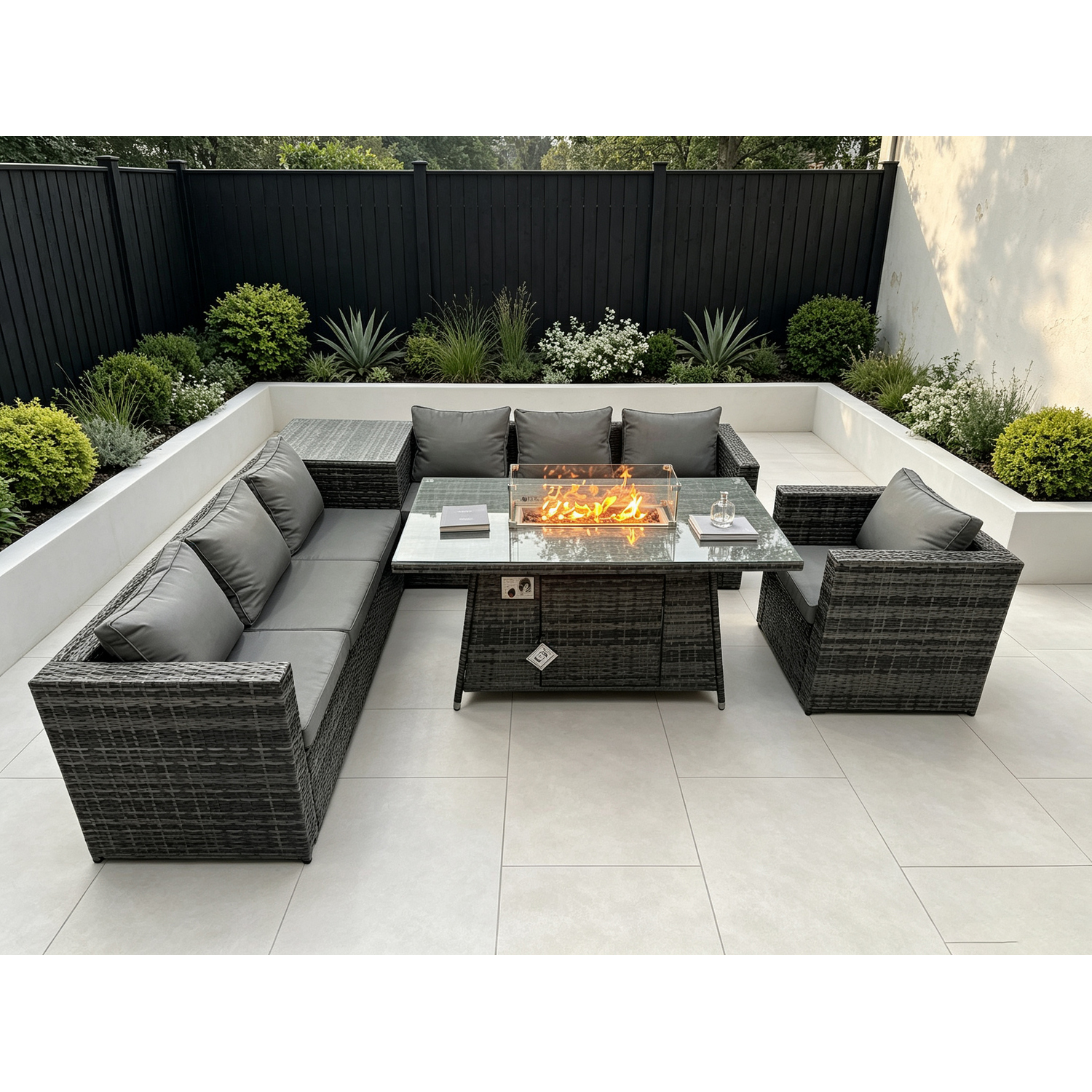 Fimous Dark/Grey 7 Seater Pe Rattan Corner Sofa Set Garden Furniture Gas Fire Pit Dining Table Set High Side Coffee Table With Arm Chair - Image 2