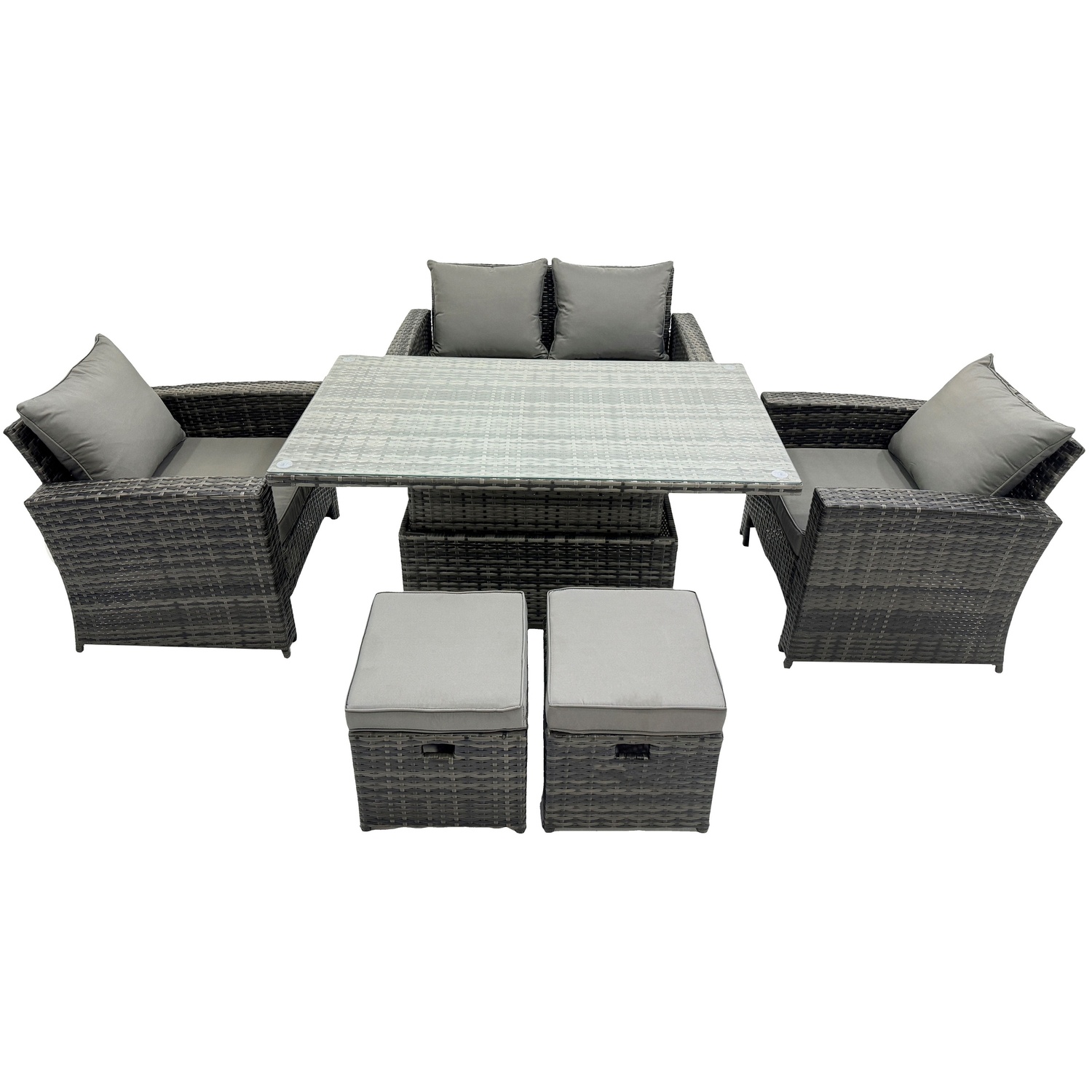 Rackhams Dark/Grey Rattan Outdoor Furniture Adjustable Rising Lifting Rectangle Dining Table Chairs Two Seater Love Sofa Sets Footstools 6 Seater - Image 2