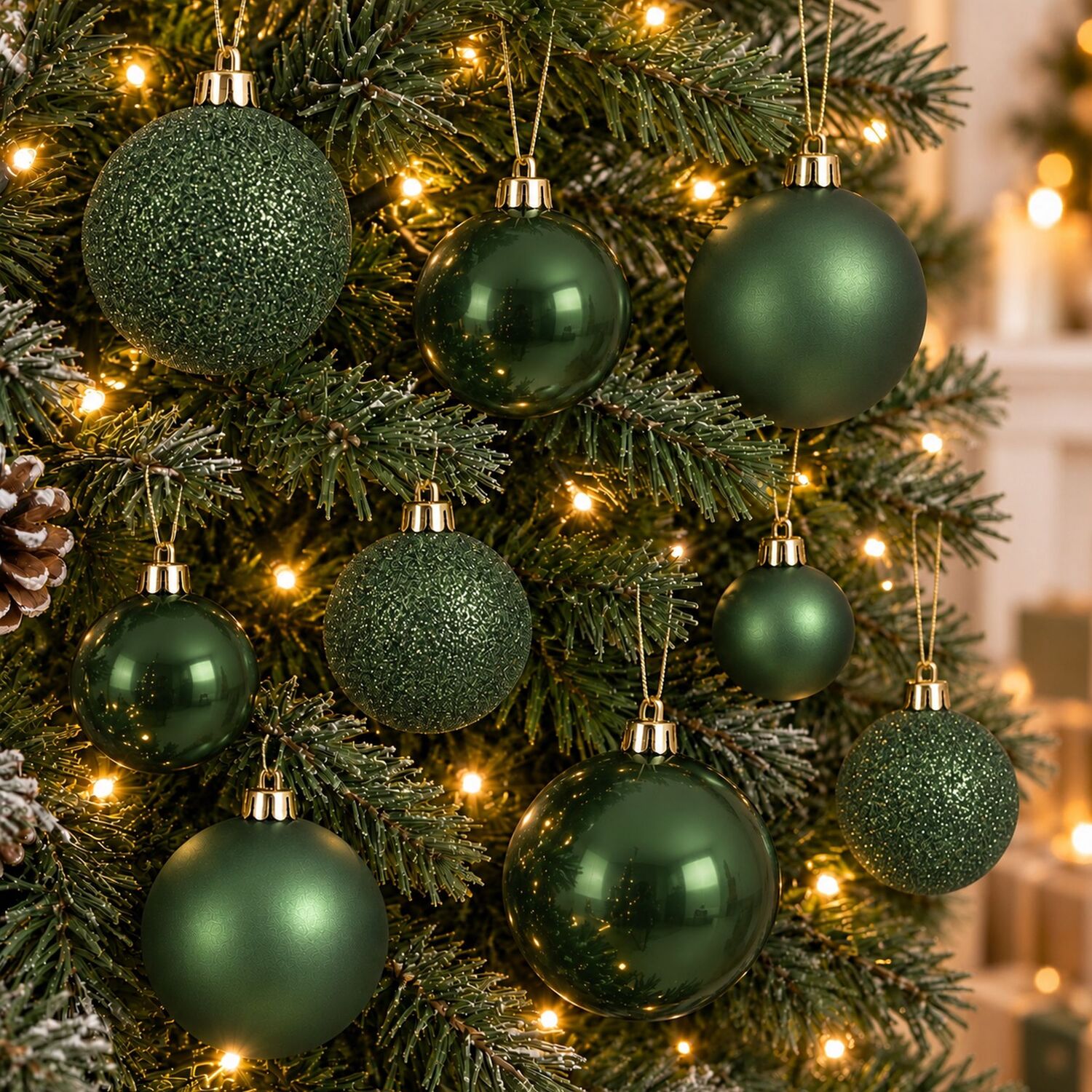 Decoris 60 Pine Green Baubles Shatterproof Christmas Tree Hanging Decoration - Pine Green