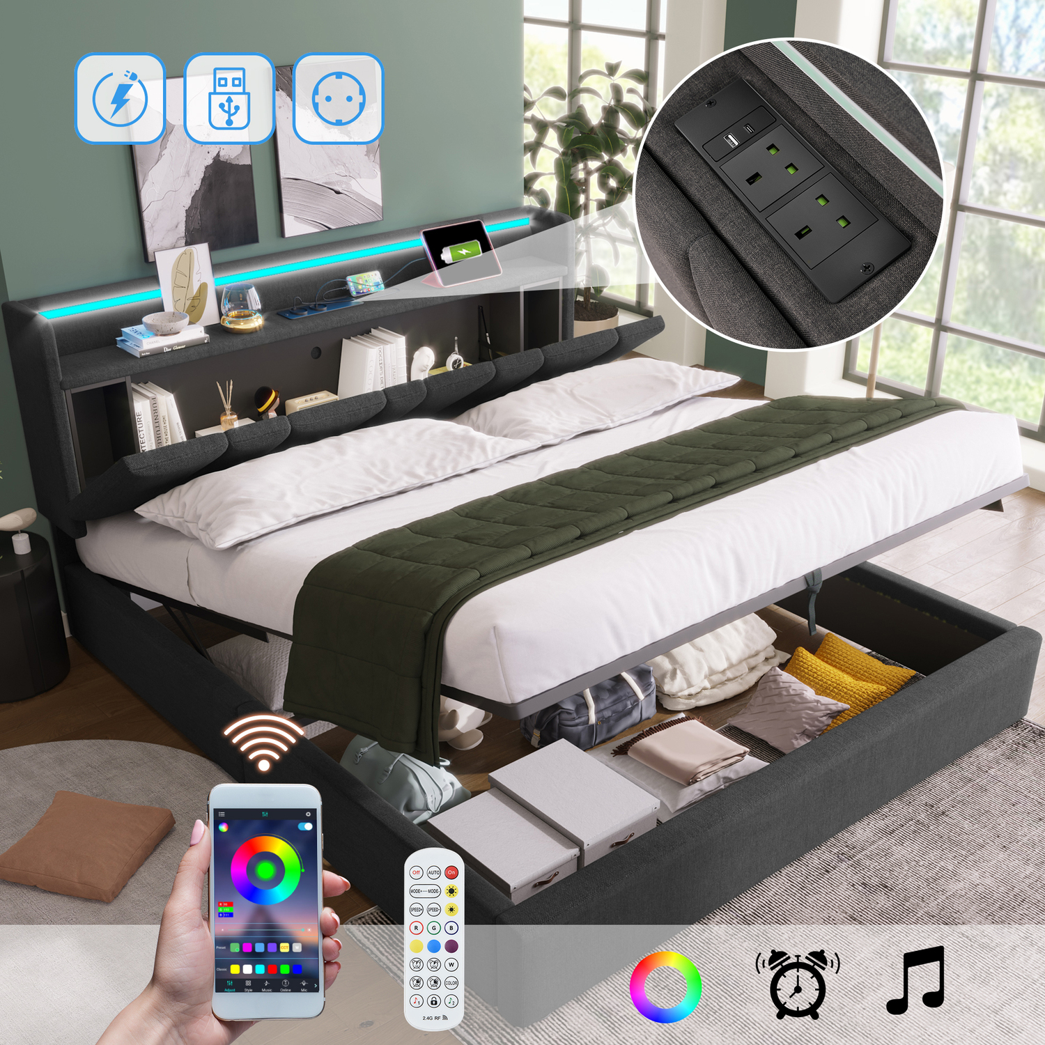 Aka Upholstered Storage Bed With Led, Usb & Headboard - Grey