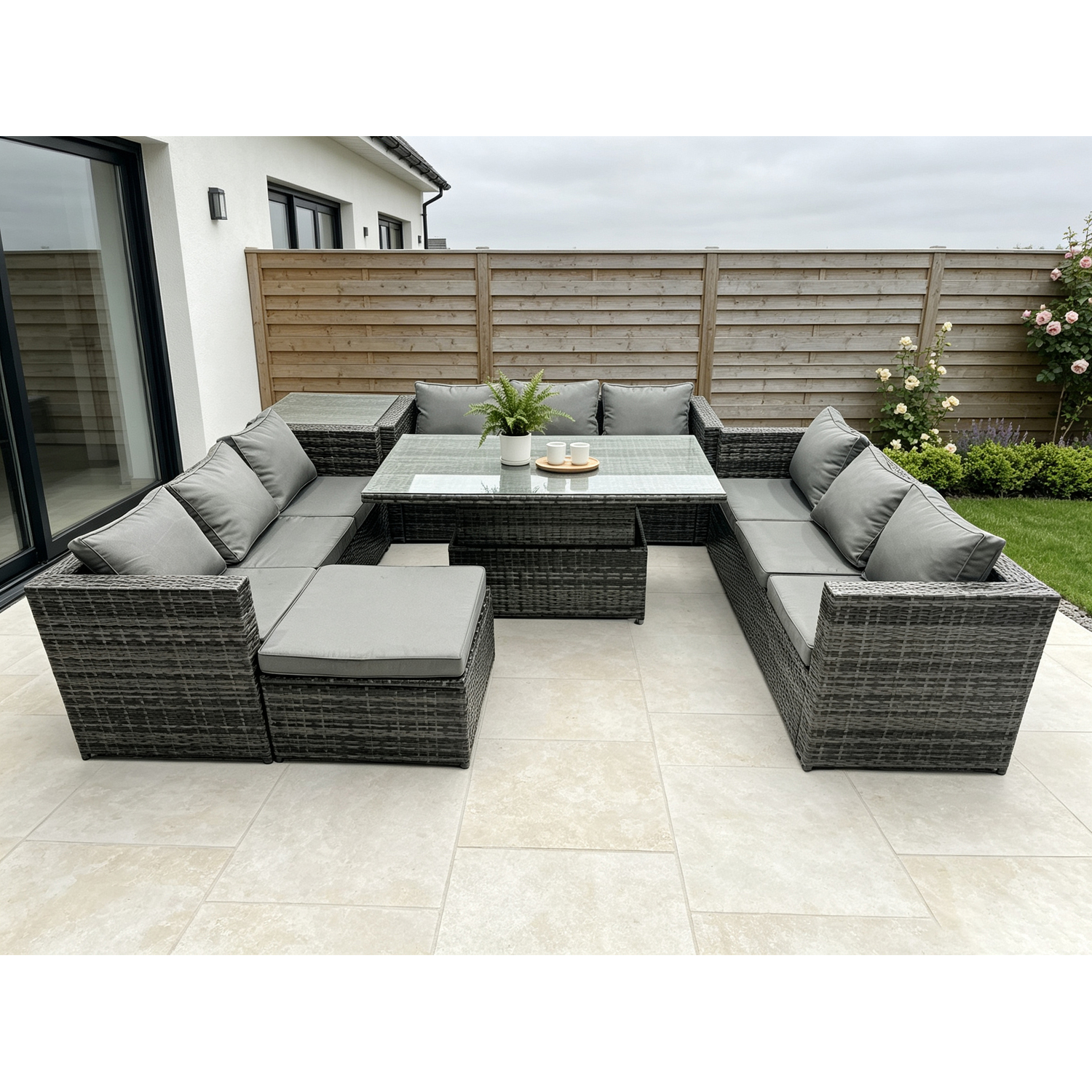 Fimous Unisex Dark Grey Outdoor Rattan Garden Furniture Sofa Set Patio Adjustable Rising Lifting Dining Table Set With Side Table In Size 3 - Image 2