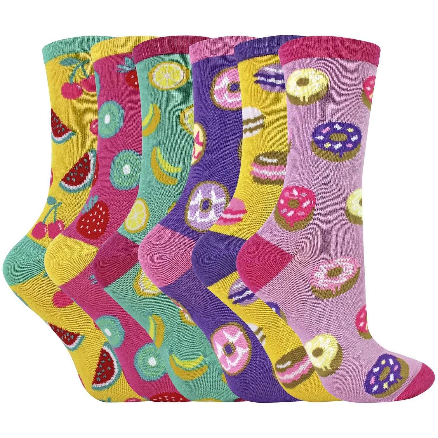 6 Pack Ladies Novelty Food Design Socks | Fun Colourful Bamboo Socks
