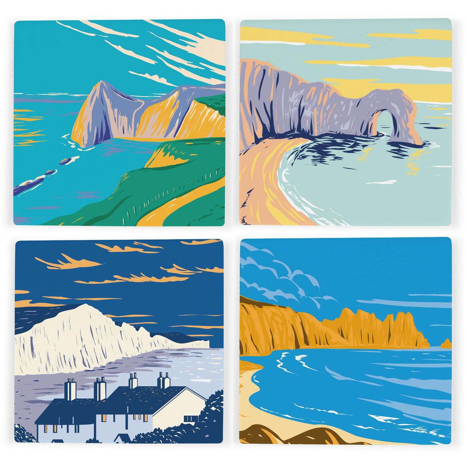 South Coast England Ceramic Coaster Set - Cornwall Dorset Jurassic Coast Landmarks/Landscapes Square Set of Four (4) Coasters Gift - Image 3