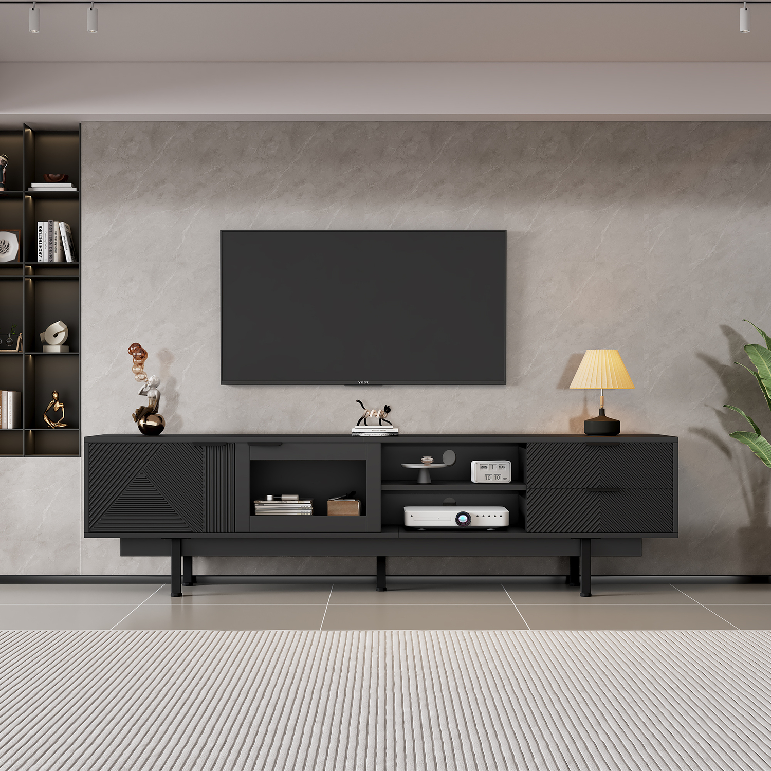 Aka Modern Tv Stand With 2 Doors, 2 Drawers And Open Shelf, Black - Black