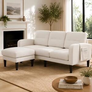 Beige Cotton and Linen L-Shaped Modular 3 Seater Sofa with Chaise Lounge and Side Storage Pockets