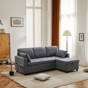 Grey 3 Seater L-Shaped Pull-Out Sofa Bed with Storage