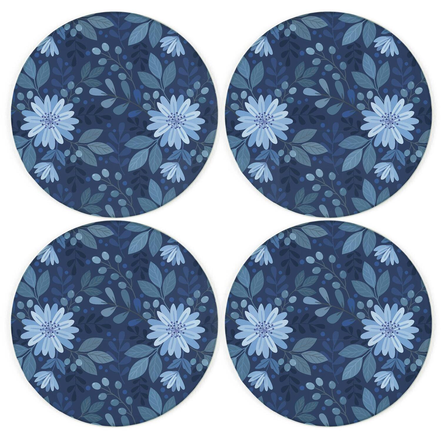 Purely Home Dark Blue Flowers Glass Coaster Set - Round Drinks Coasters Set Of 4 - Blue